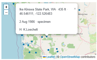 Example record popup on the map